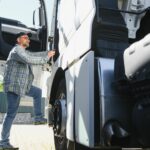 cdl truck driver leaving from home and getting into his truck